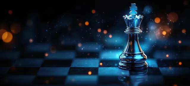Shiny chess king on illuminated board with blurred strategic lights