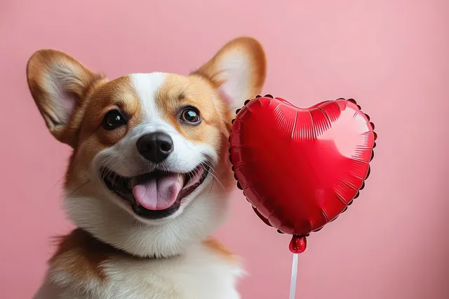 A cheerful dog sits beside a red heart balloon on a pink background.