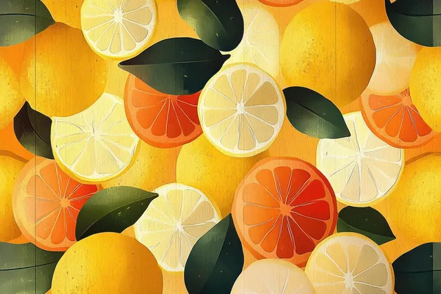 Repeating lemon and orange citrus slices with green leaves form a seamless yellow wallpaper pattern.