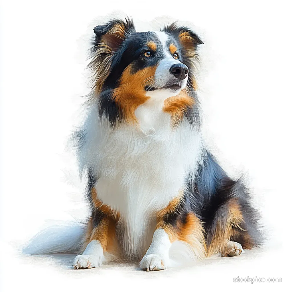 Tricolor Australian shepherd sitting and looking attentively sideways against a clean white background.