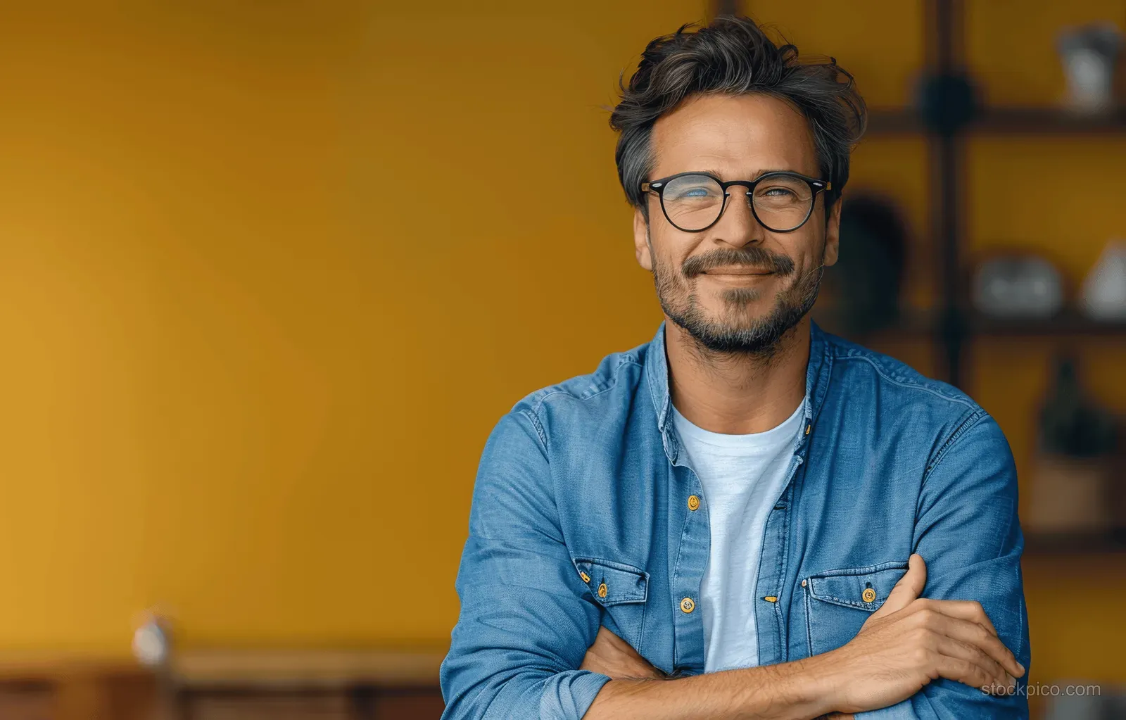 Smiling man with glasses in a blue shirt points toward copy space beside him on a yellow studio background.