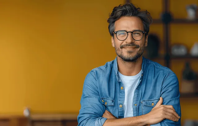 Smiling businessman in blue shirt with glasses pointing at copy space on yellow background with Business Promotion