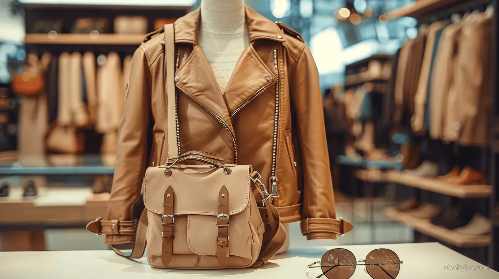 Tan leather jacket and handbag displayed on a boutique counter with blurred clothing racks behind.