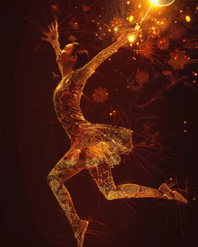 A stylized woman in mid-air badminton lunge reaches for a shuttlecock amid glowing sparks and batik-like patterns.