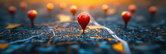Red map pins marking routes on a detailed road atlas with compass light