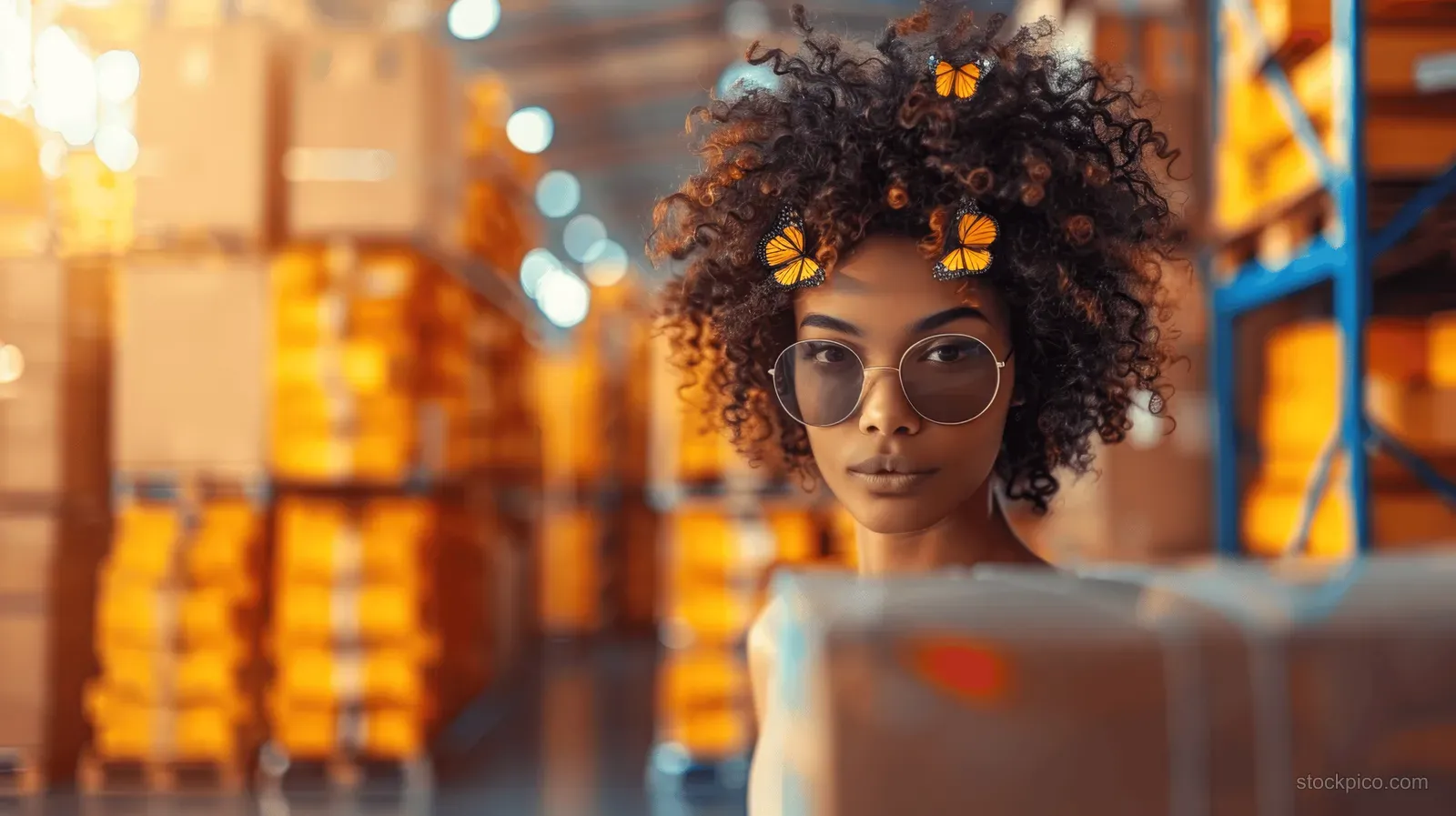 A curly-haired woman in sunglasses stands indoors with colorful city lights behind her and butterflies hovering near her head.