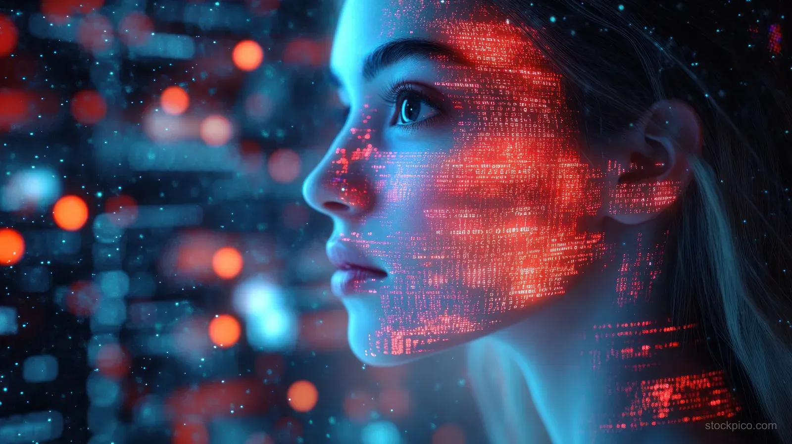 Close-up side profile of a young woman with blue and red digital code light effects across her face.
