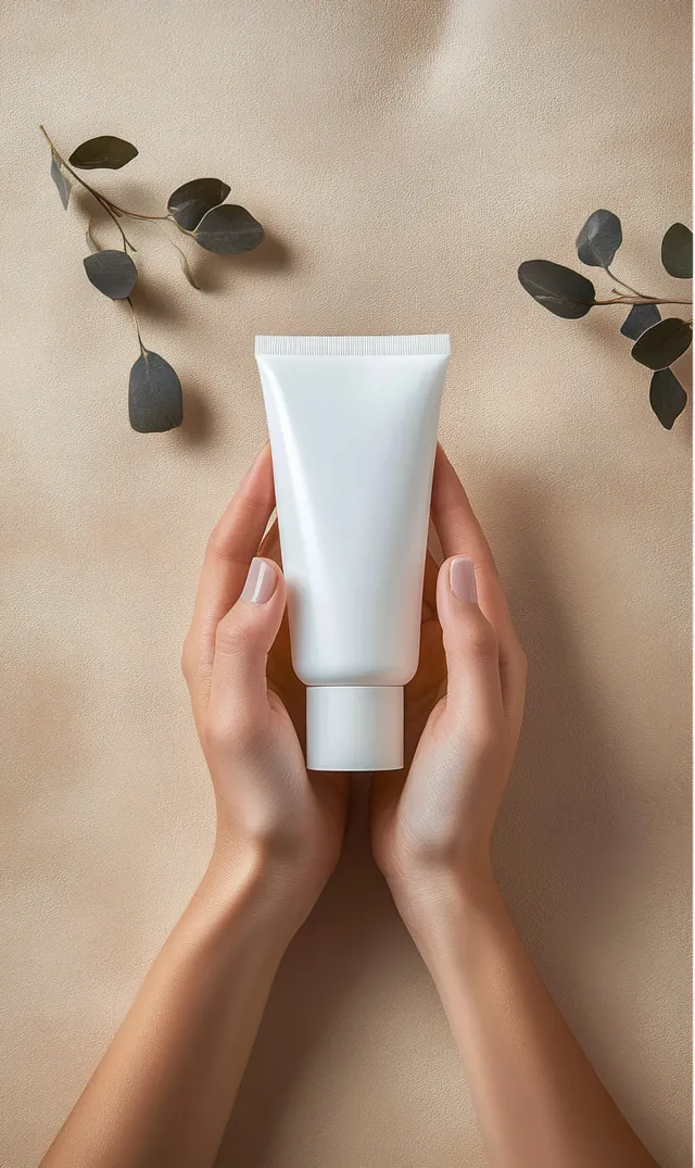 Hands hold a plain white cosmetic tube on a beige textured background with dried leaves nearby.