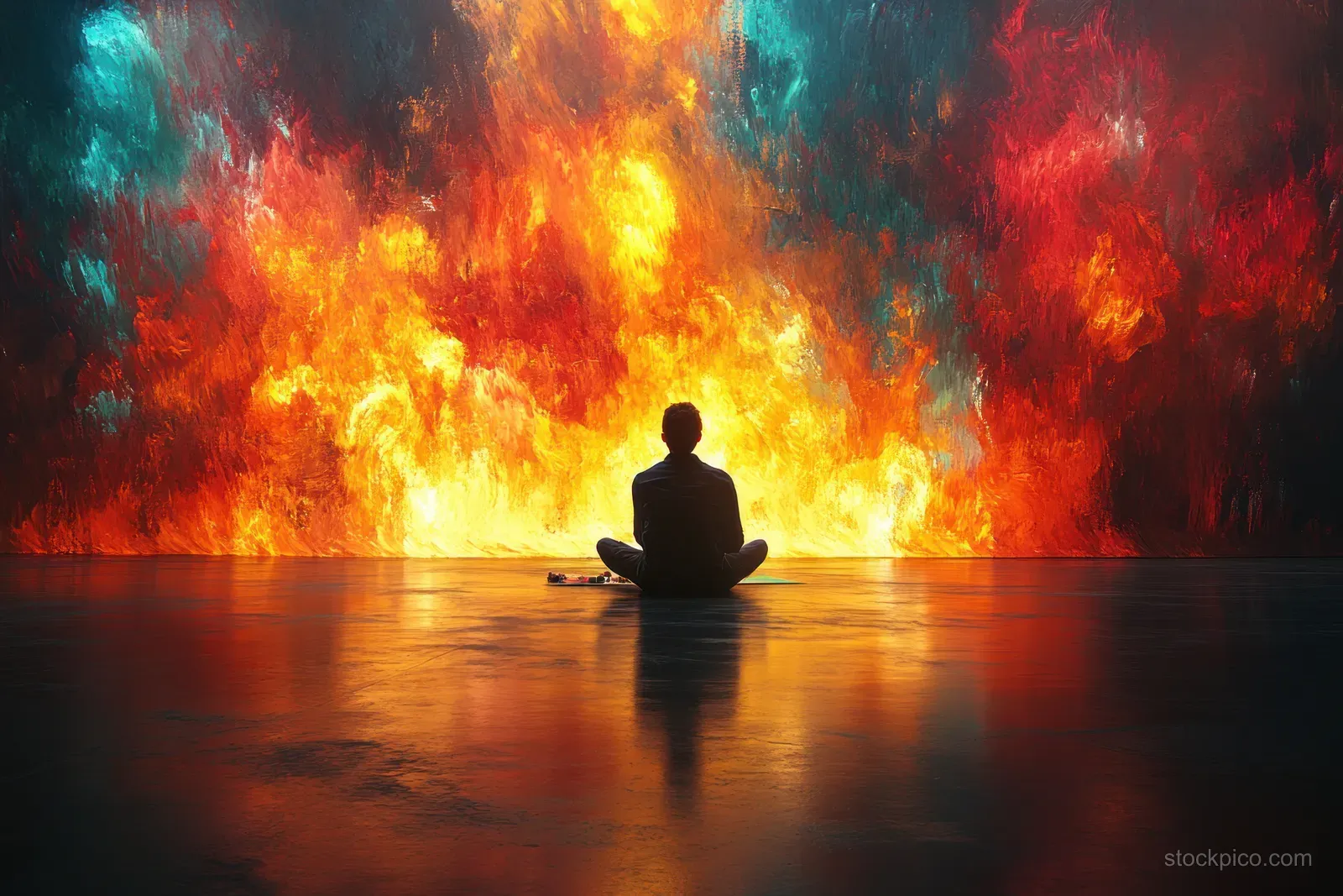 A silhouetted person sits cross-legged in front of a wall of vibrant paint-like flames under dramatic lighting.