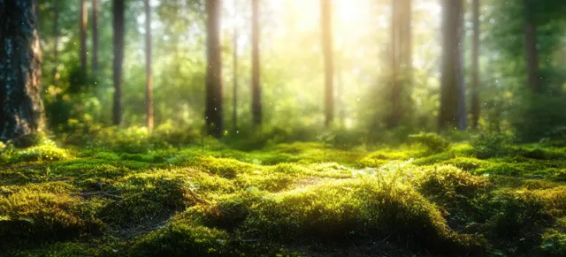 Sunlit forest floor with vivid green moss and misty tree trunks at morning