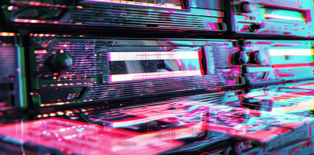 Glitchy VHS static pattern with CRT scanlines and distorted signal overlay in cyberpunk hues