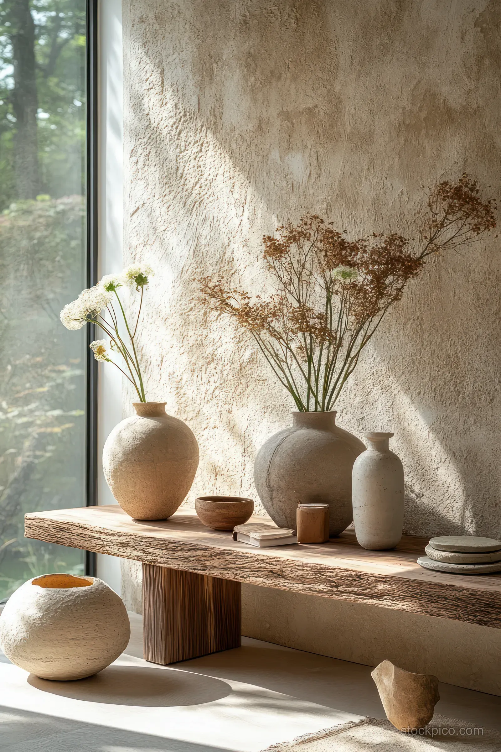 Sunlit windowsill beside a textured wall with ceramic vases, dried stems, and small decorative stones and ceramics.