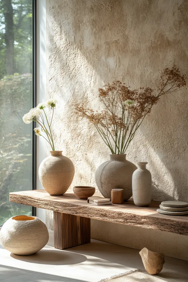 Sunlit windowsill beside a textured wall with ceramic vases, dried stems, and small decorative stones and ceramics.
