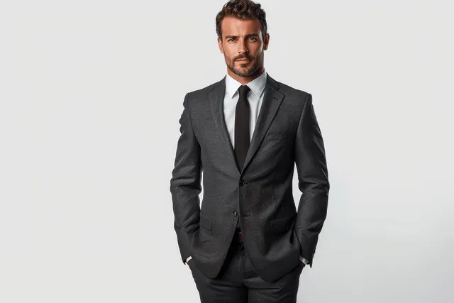 A man in a dark suit stands with hands in his pockets against a white background.