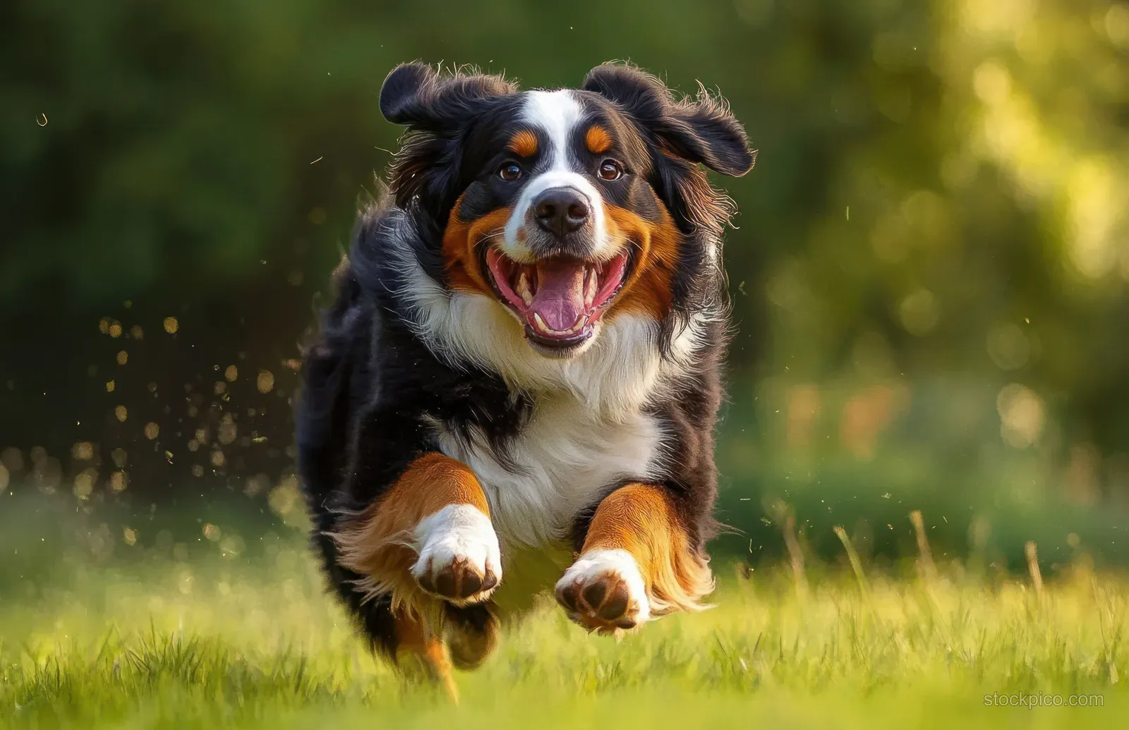 Bernese Mountain Dog running through sunlit green grass with a blurred outdoor background.