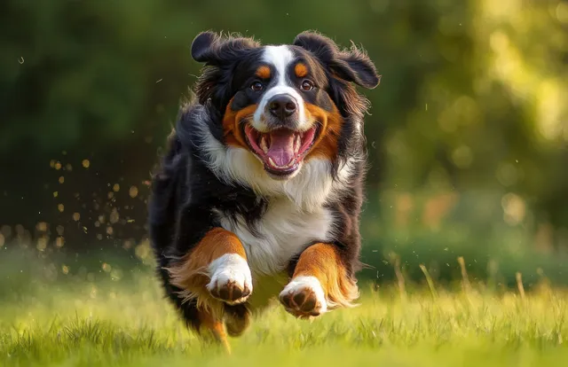 Happy Bernese Mountain Dog sprinting through sunlit green grass with motion blur background