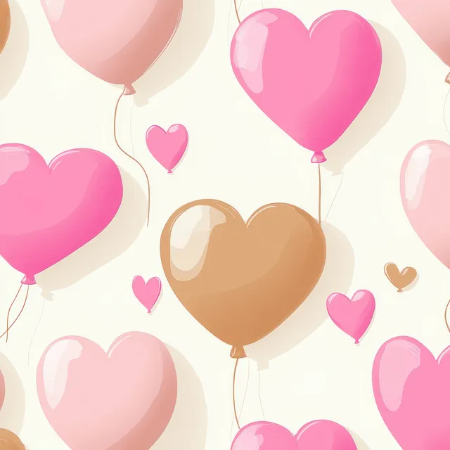 Pink and brown heart-shaped balloons float on a light cream background with small heart decorations.
