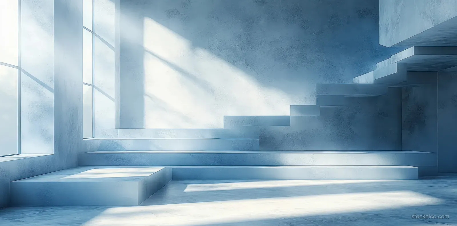 White and blue cube block wall pattern with stepped platform, soft haze, and long shadows leaving open space.