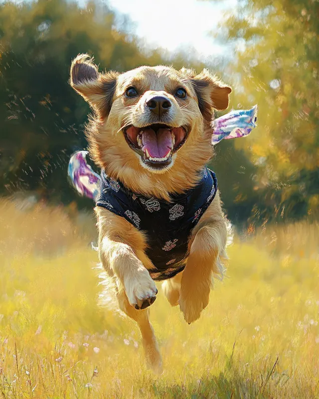 An adopted dog runs through sunny park grass, smiling with golden light and blurred trees behind it.