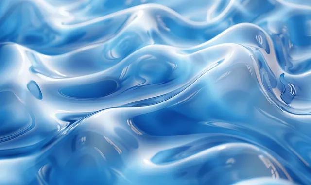 Glossy blue liquid surface with plastic-like waves and ripple reflections