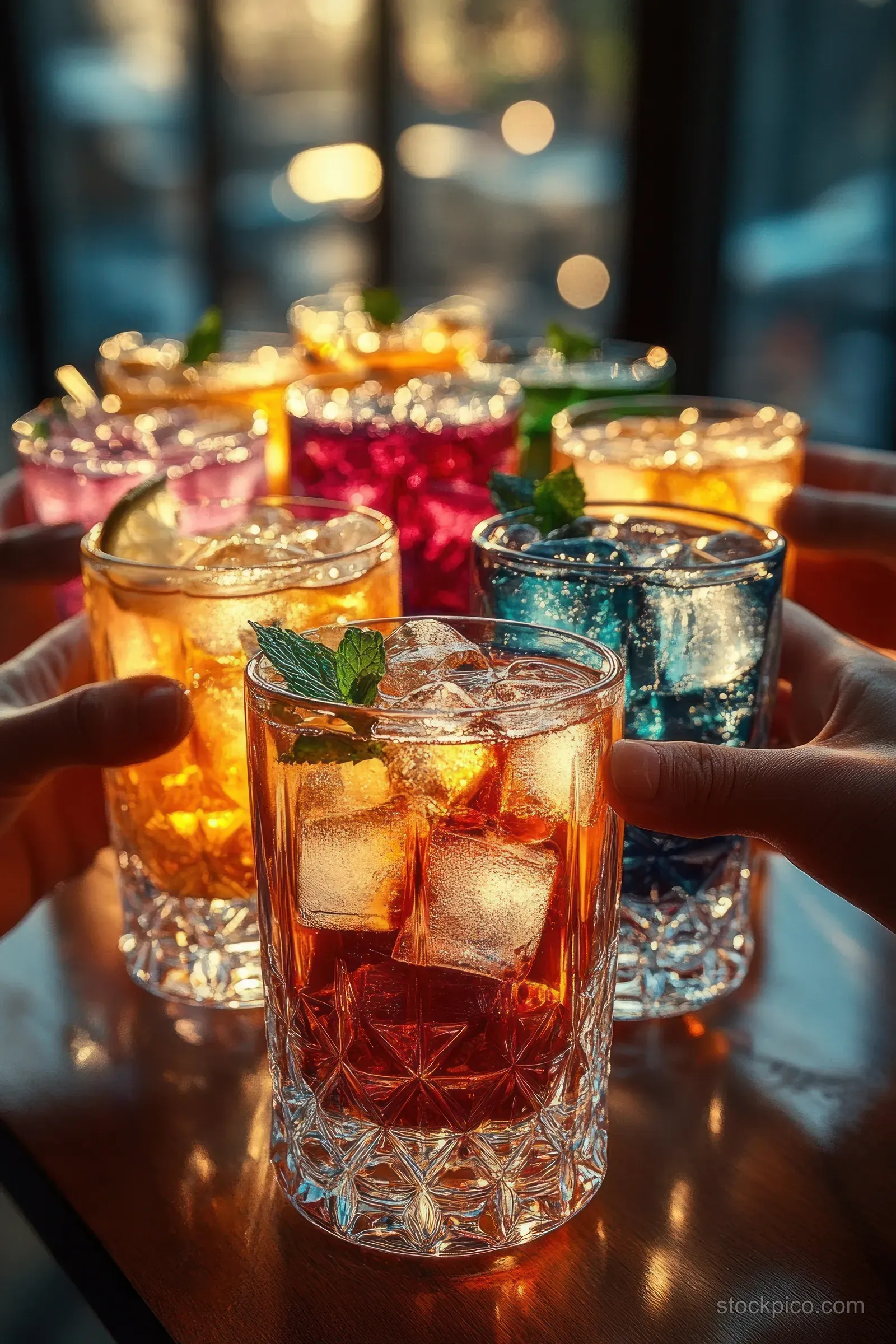 Friends clink crystal glasses of colorful iced cocktails with visible ice cubes and condensation in warm ambient light.