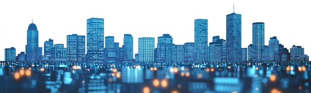 Nighttime skyline shows illuminated skyscrapers and scattered window lights reflected on a dark waterfront.