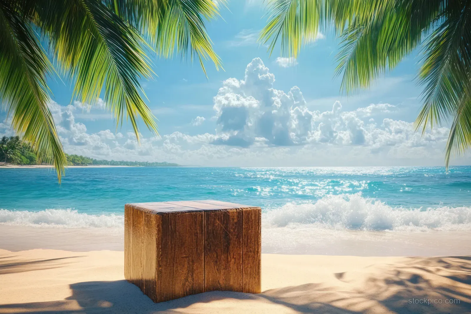 A wooden podium on a tropical beach with palm leaves overhead and ocean waves in the background.