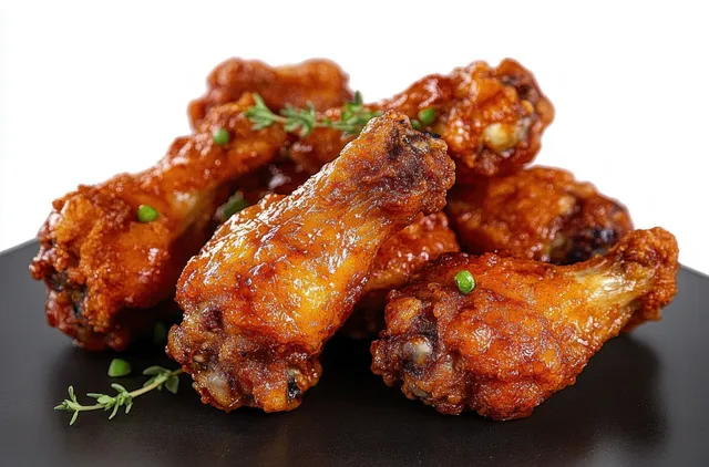 Crispy golden fried chicken wings with fresh herbs on a dark plate in close-up.