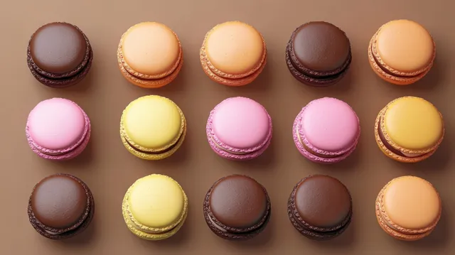 Colorful macarons sit in neat rows on a warm brown surface with pastel shells and chocolate ones.