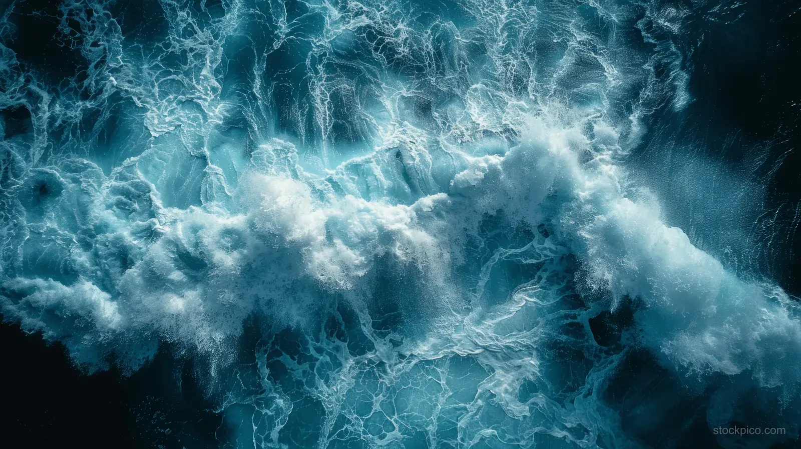 Top-down drone view of turquoise ocean waves with white foam patterns over dark blue water.