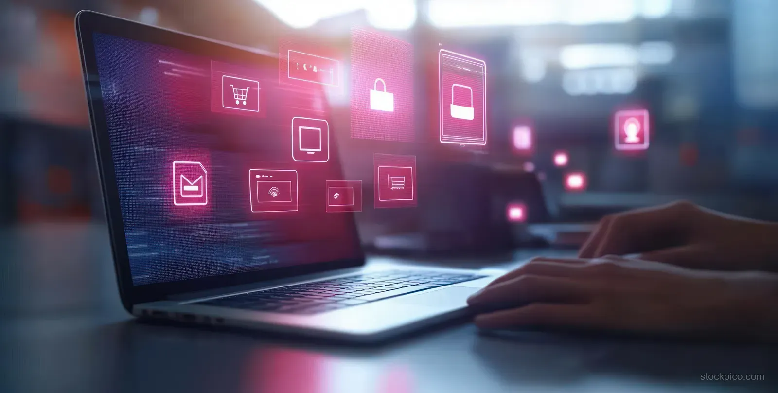 Hands type on a laptop showing glowing holographic e-commerce UI icons and product tiles.