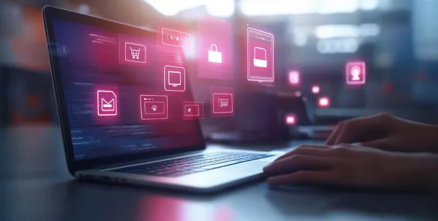 Hands using laptop with holographic e-commerce dashboard and glowing UI icons