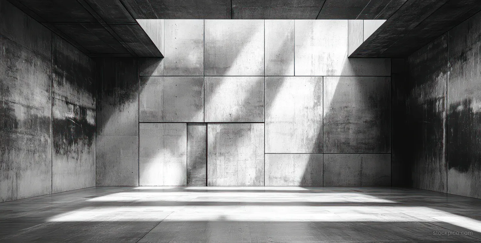 Minimal concrete interior room with light beams, weathered walls, and deep shadows on the floor.