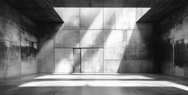 Minimal concrete interior room with light beams, weathered walls, and deep shadows on the floor.
