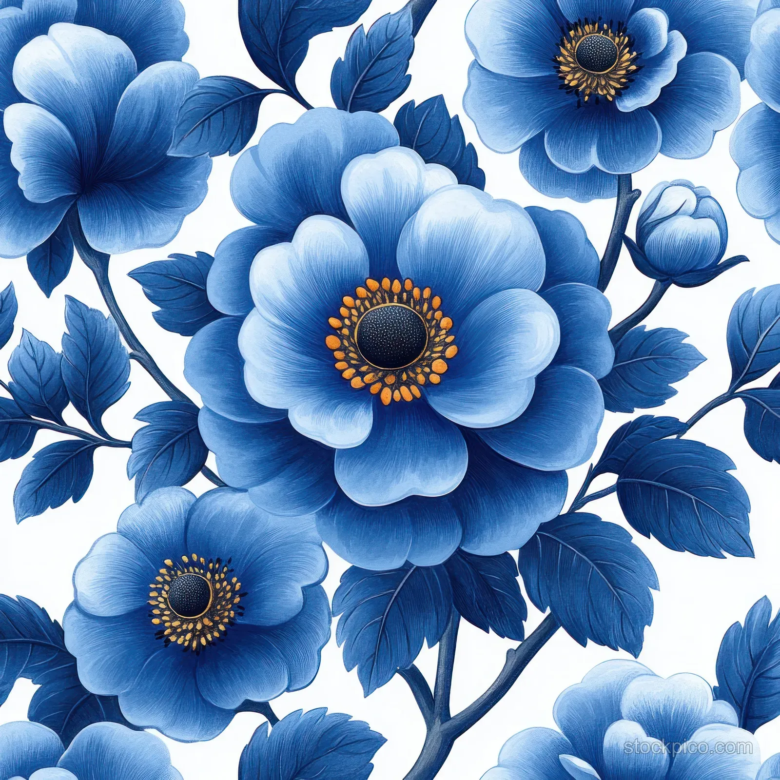 Repeating blue and white Delft-inspired floral blossoms with leafy branches across a clean white background.