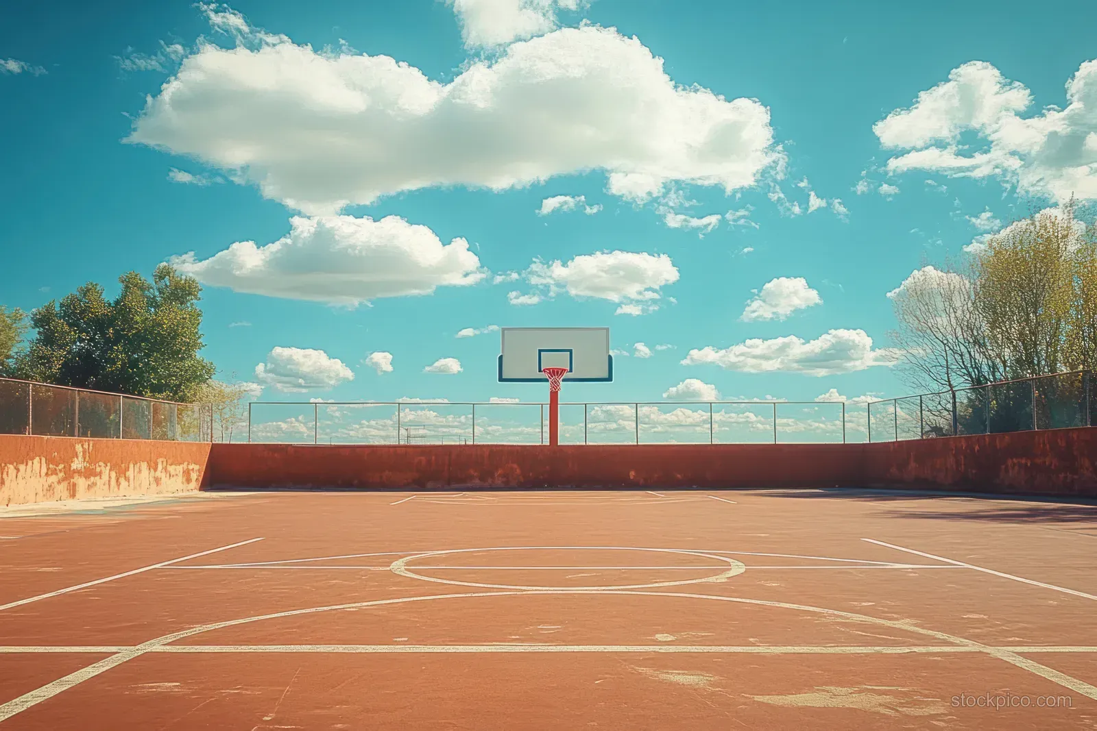 Empty outdoor basketball court with centered hoop under bright blue sky and long sunlight shadows.