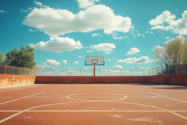 Empty outdoor basketball court with centered hoop under bright blue sky and long sunlight shadows.