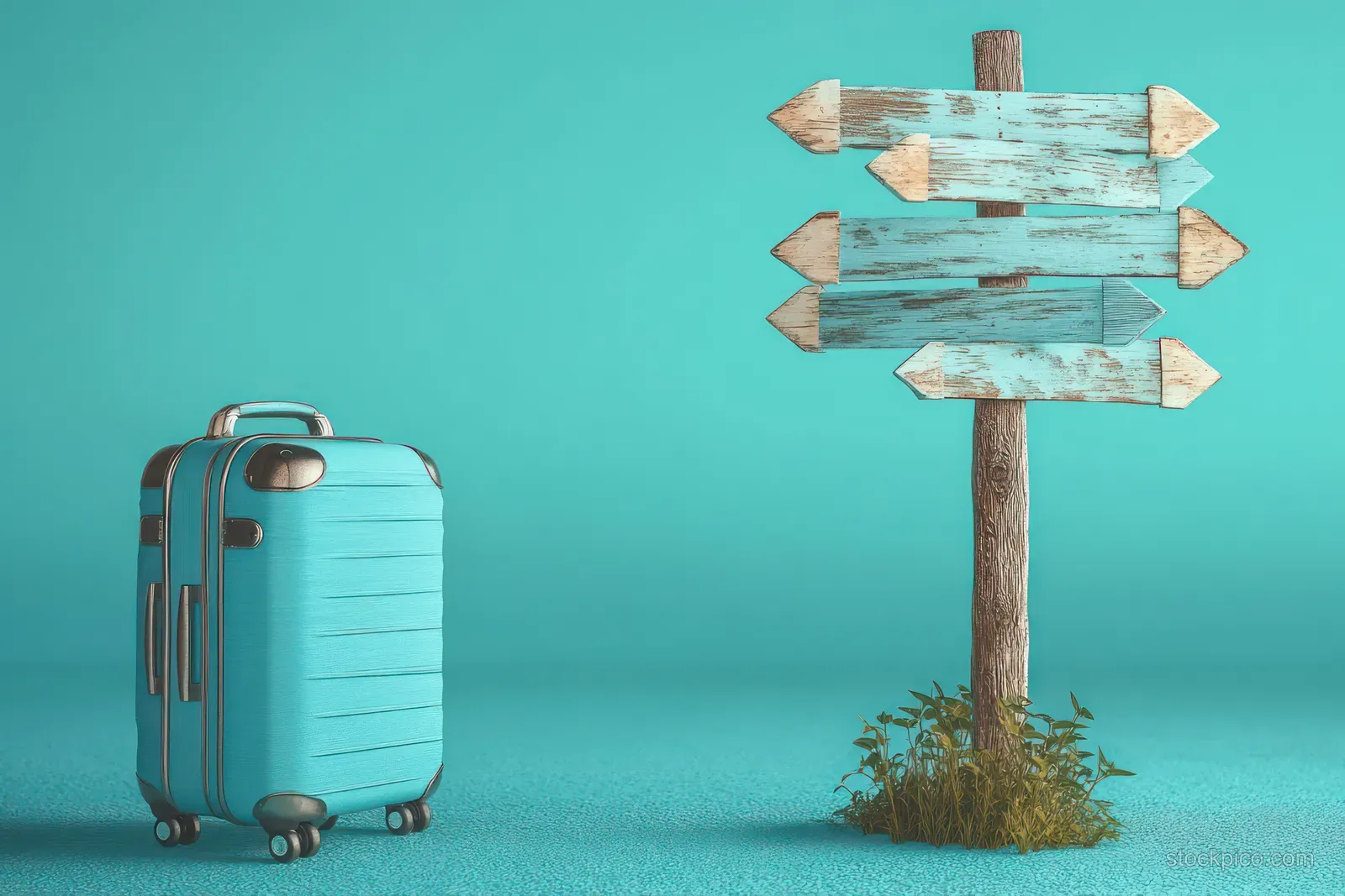 A blue suitcase is placed beside a wooden signpost with multiple directional arrows on a turquoise background.