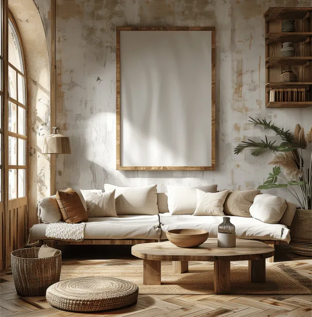 Boho living room with a blank wooden frame poster above a beige sofa and coffee table.