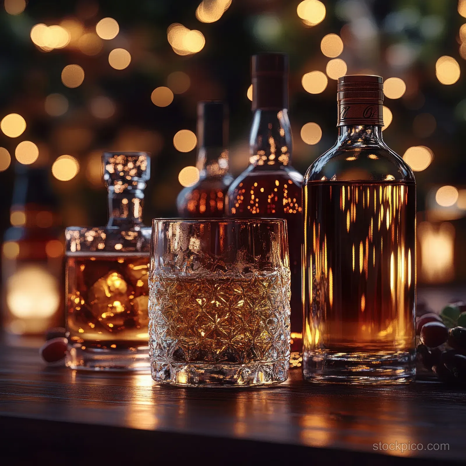 Amber liquor bottles and crystal glasses on a wooden table with warm festive lights blurred in the background.