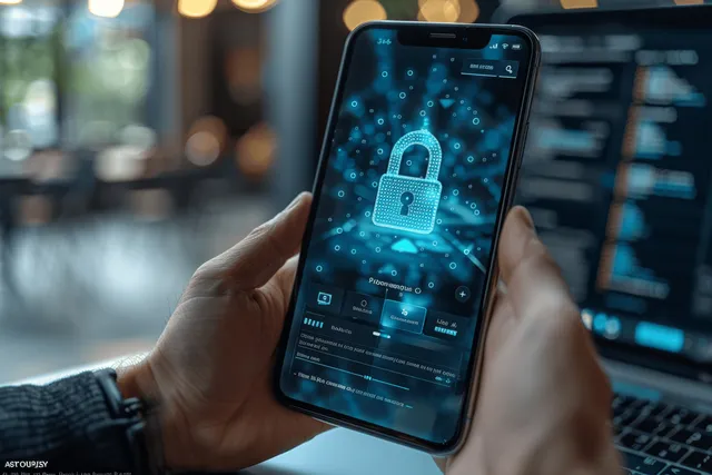 Hand holding smartphone showing digital padlock security over blurred laptop dashboard