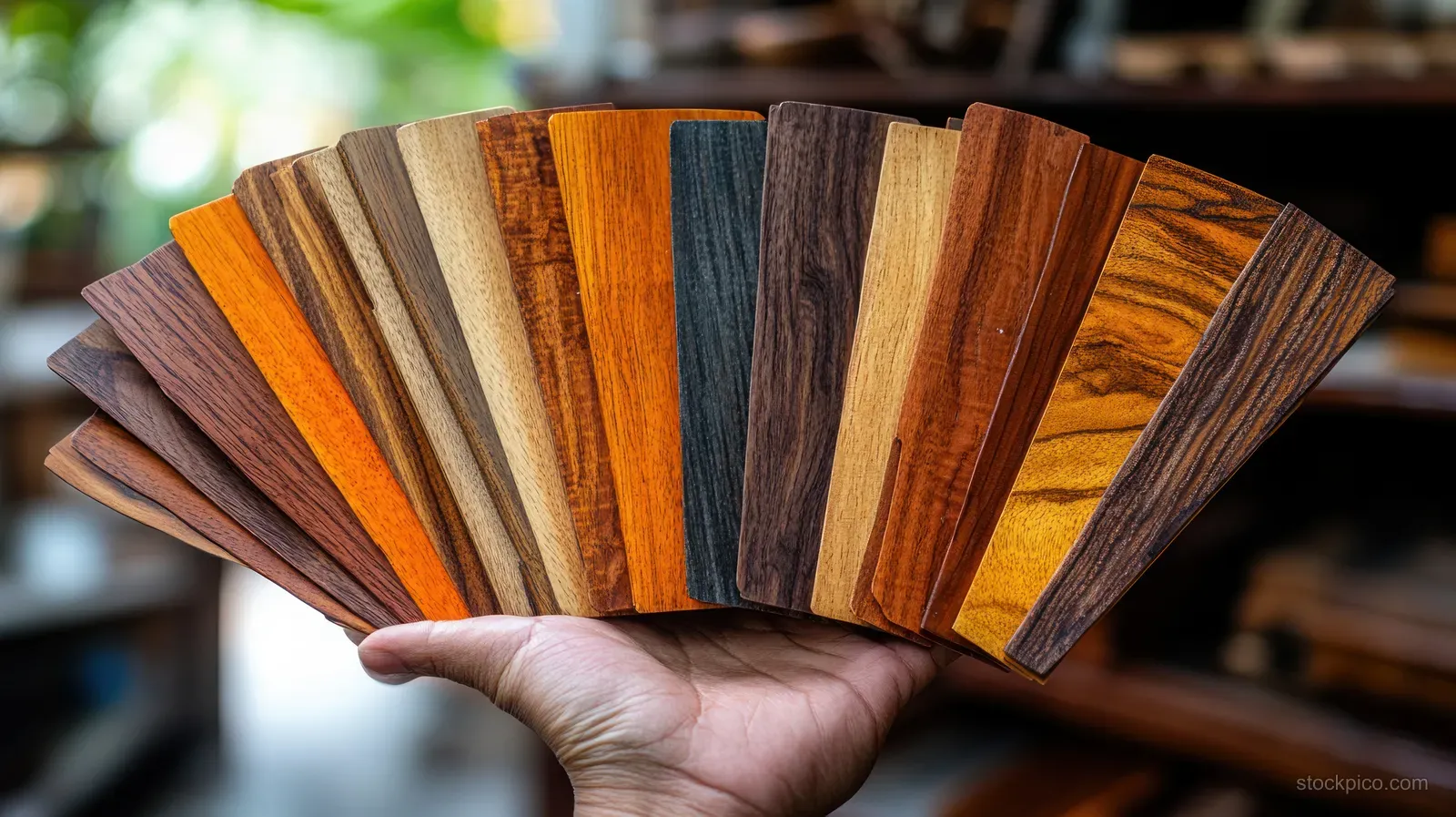 A hand holds a fan of wood finish sample swatches with varied grain colors in an interior setting.