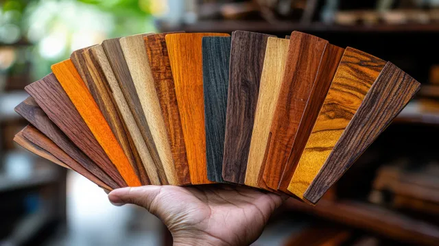 A hand holds a fan of wood finish sample swatches with varied grain colors in an interior setting.