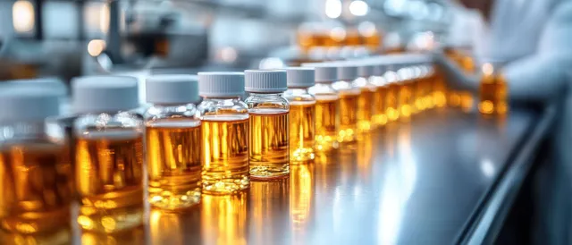 Capped amber glass bottles arranged in a row on a reflective laboratory surface with blurred equipment behind.