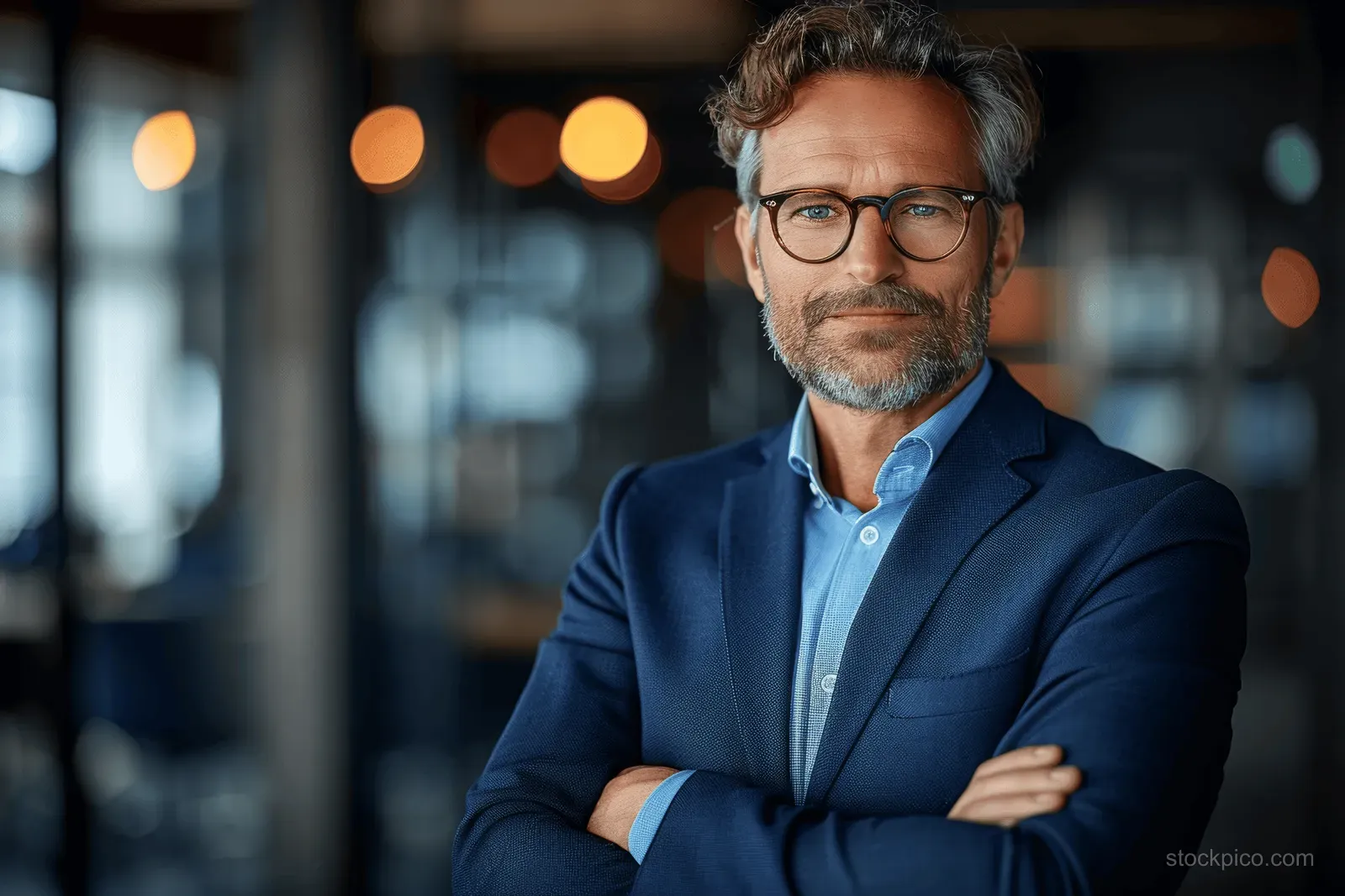 Middle aged businessman in a blue suit and glasses stands with arms crossed in a modern office lobby.