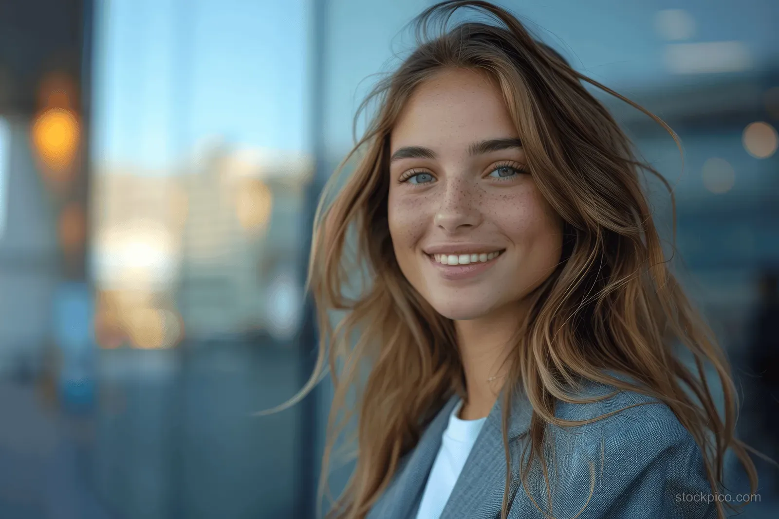 Smiling young businesswoman in a light grey blazer outdoors with modern office lights blurred behind her.