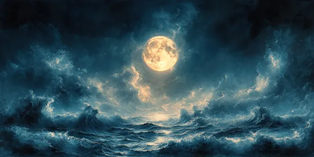 Una luna llena se cierne sobre un acantilado brumoso y nubes azules de tormenta, iluminada por una inquietante luz lunar.