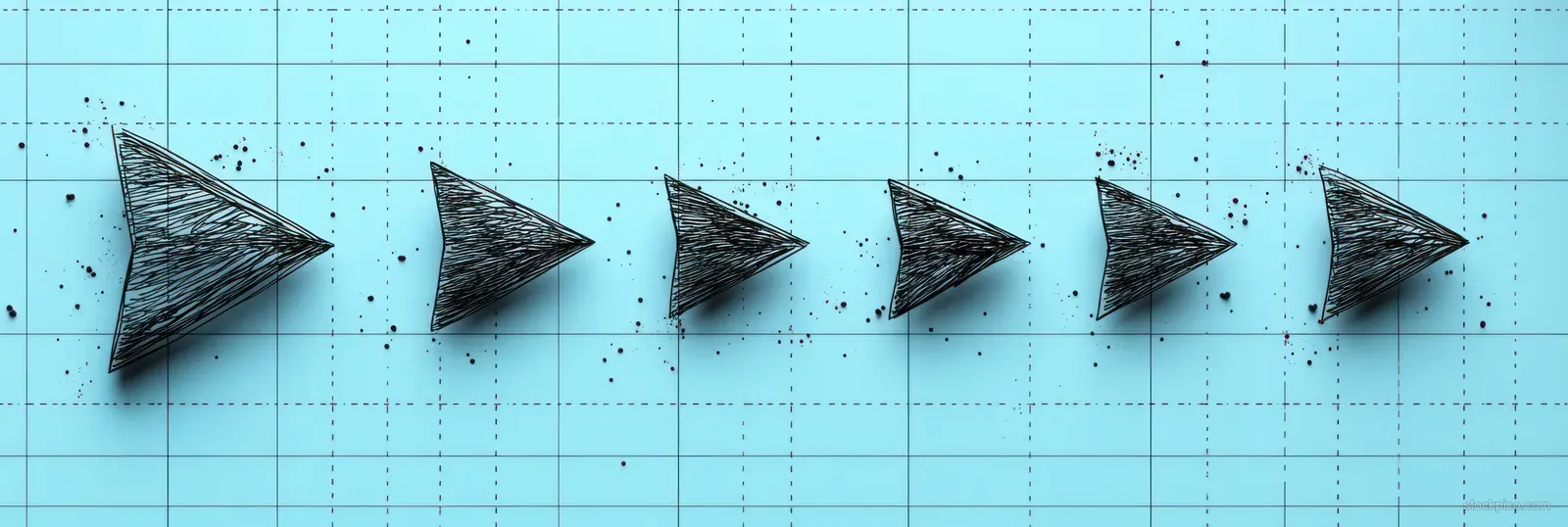 Black arrows with hand-drawn lines are arranged across a light blue grid background.