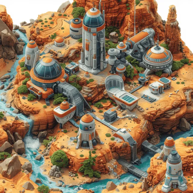 Isometric view of a futuristic Mars space station base with domed habitats, solar panels, and modules on rocky terrain.
