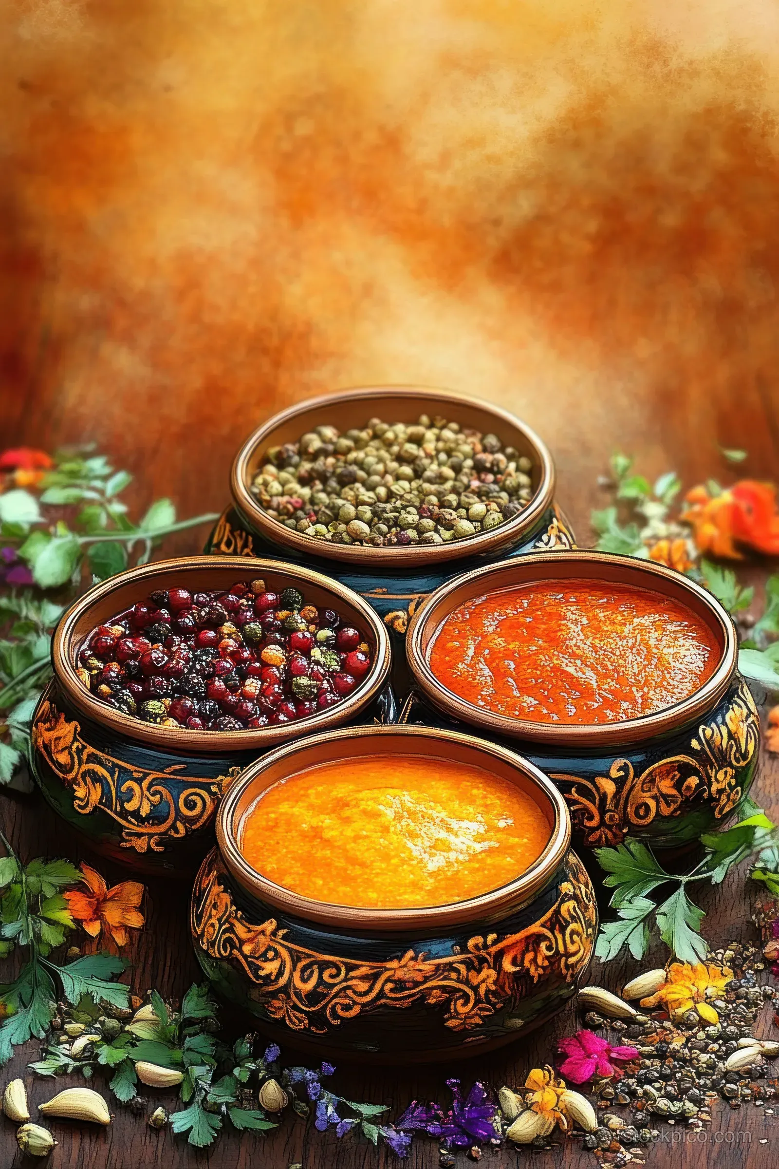 Four bowls of colorful spices and sauces on a rustic table surrounded by fresh herbs and peppercorns.